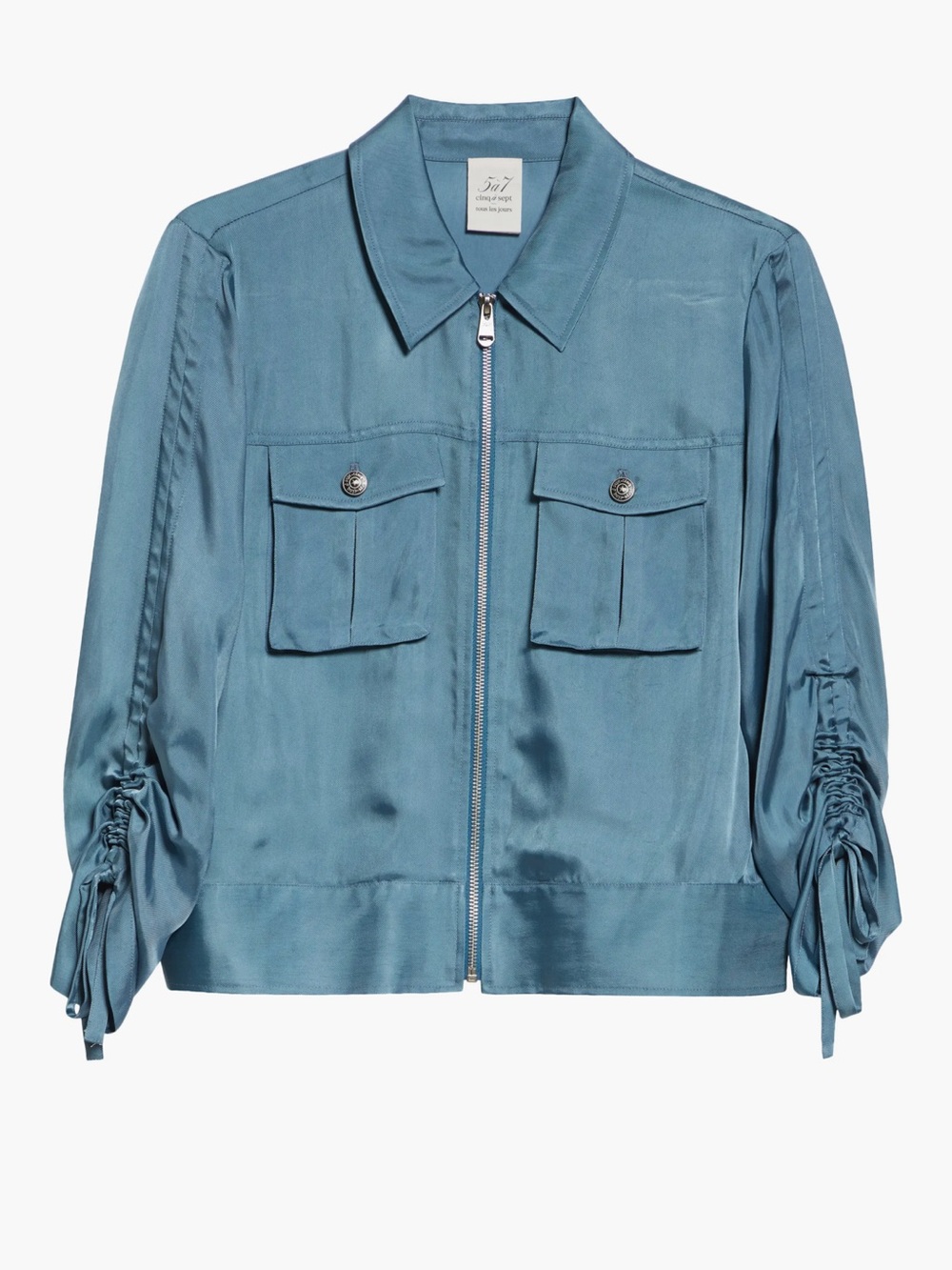 Cinq A Sept Dale Ruched Sleeve Cupro Satin Jacket In Midnight Rain